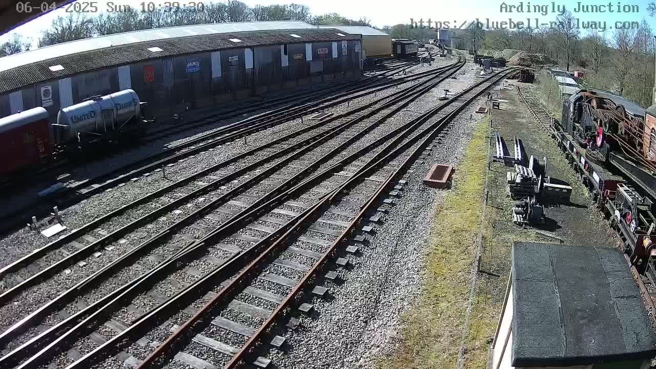 A sunny day at a railway yard shows multiple train tracks intersecting, with several railway cars and locomotives parked alongside them near a long shed.