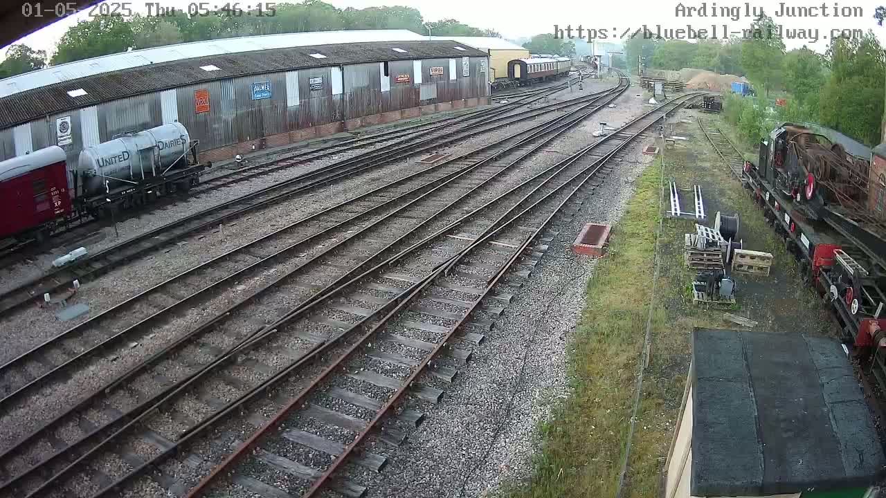 A railway yard with multiple train cars, a long shed, and several sets of railway tracks is seen under an overcast sky.