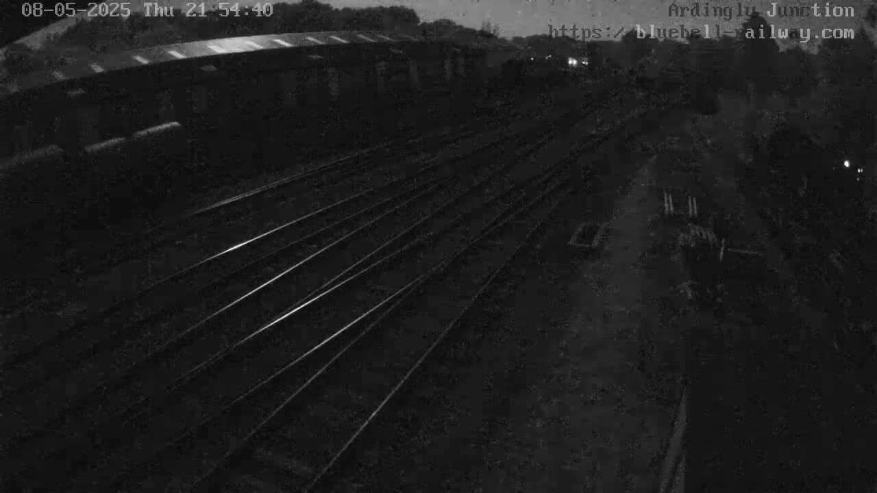A nighttime, high-angle view shows multiple train tracks converging near a dark building under a mostly clear sky.