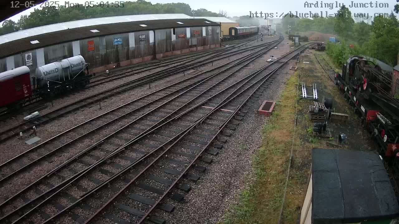 A high-angle view of a railway yard on an overcast day shows multiple train cars and tracks, along with a long building and some overgrown vegetation.