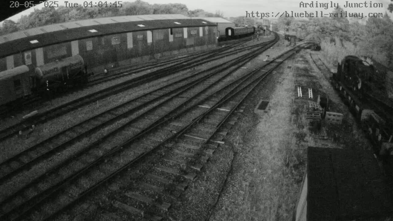 A high-angle view of a railway yard with several train cars and a long building under overcast skies.