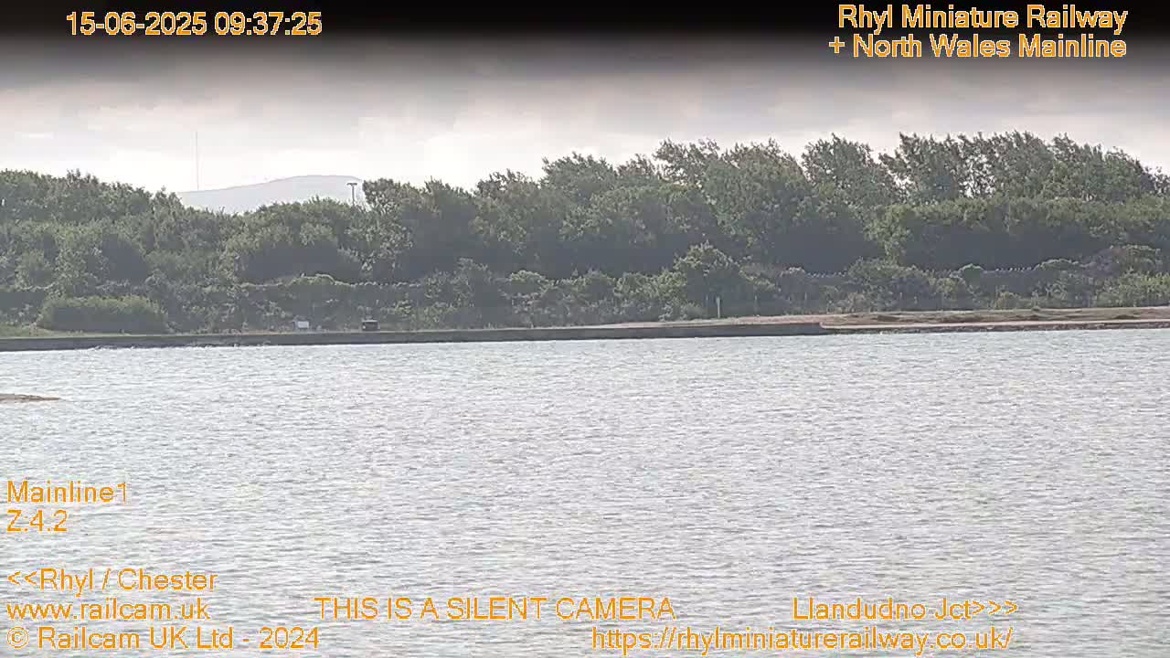 A calm body of water stretches out before a line of trees under a mostly cloudy sky.