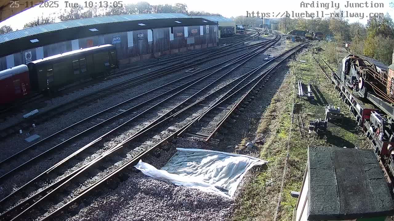 A sunny outdoor railway junction features numerous parallel tracks leading past long industrial buildings, with various train cars and older rolling stock visible on the tracks and grassy areas, and a white tarp lying on the gravel in the foreground.
