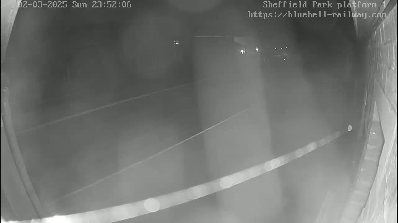 A nighttime, low-light view of a dark roadway or platform with faint light sources in the distance.