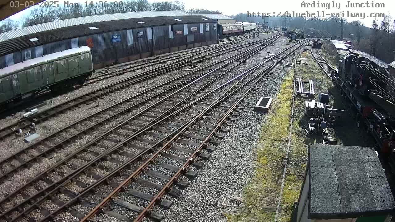 A sunny day at a railway yard shows numerous train tracks converging near a long building and several train cars, including a dark-colored locomotive.