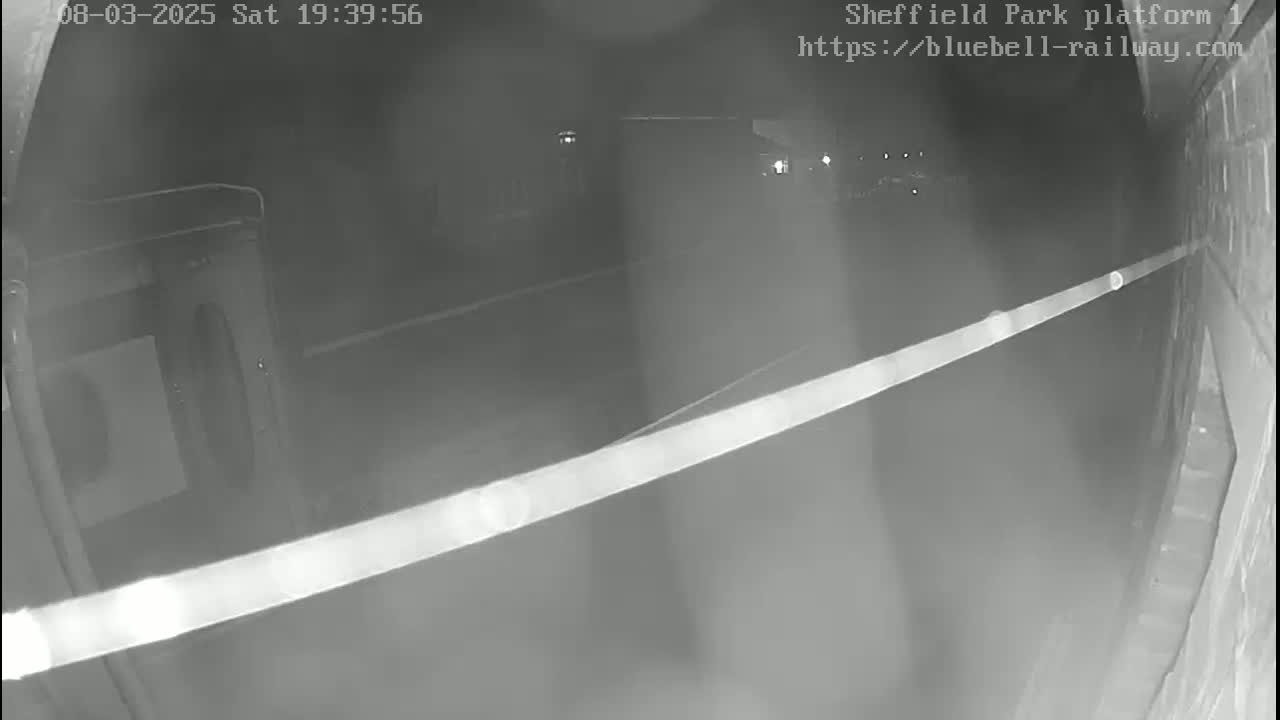 A nighttime, low-light security camera view shows a dimly lit area, possibly a railway platform, with a long, thin object extending diagonally across the frame.