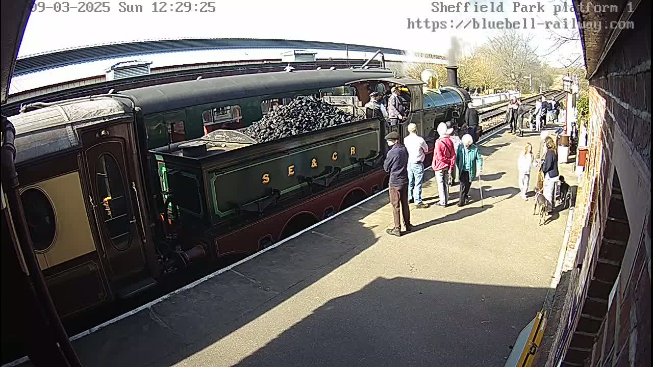 A steam train loaded with coal is at a station platform on a sunny day, with several people standing nearby.
