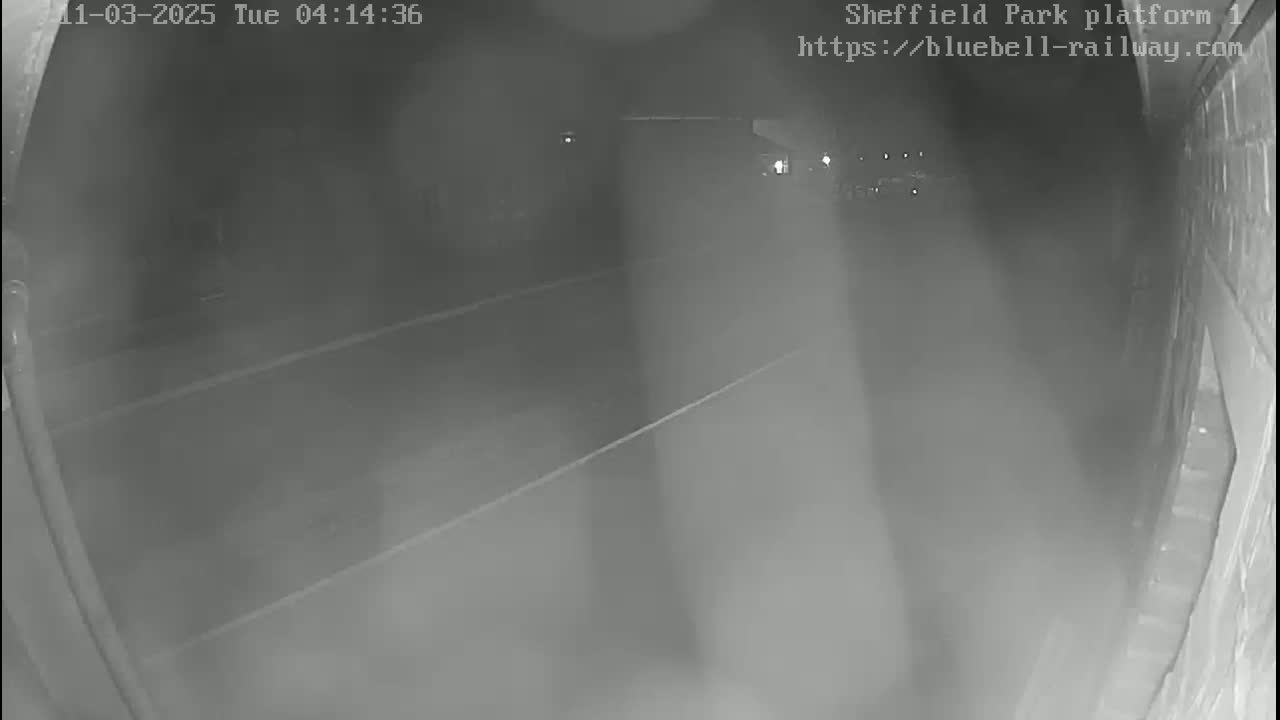 A nighttime, foggy view from a security camera shows a dark train platform and tracks.