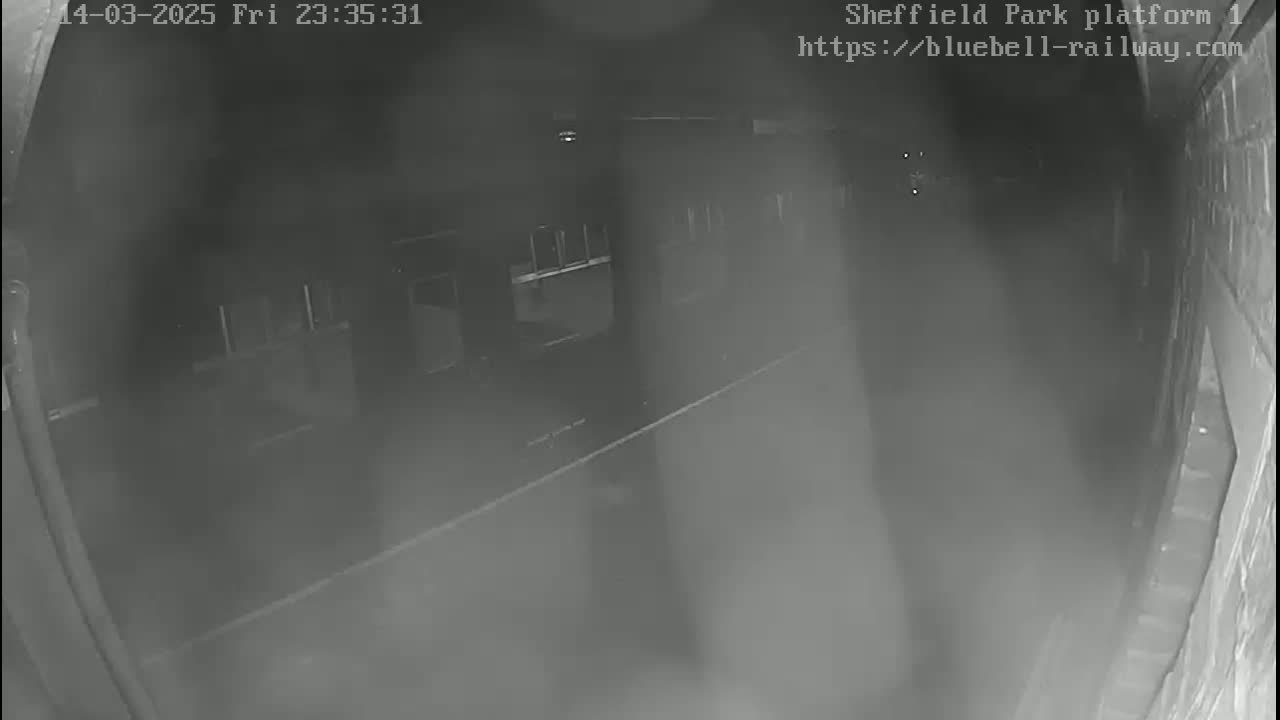 A nighttime, low-light security camera view shows an empty train platform.