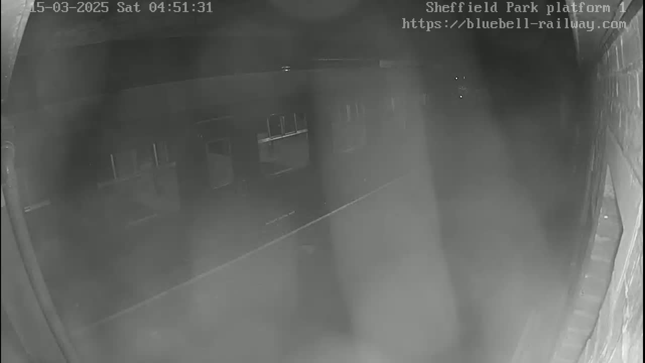 A nighttime, low-light security camera view shows a train car partially visible on a platform.