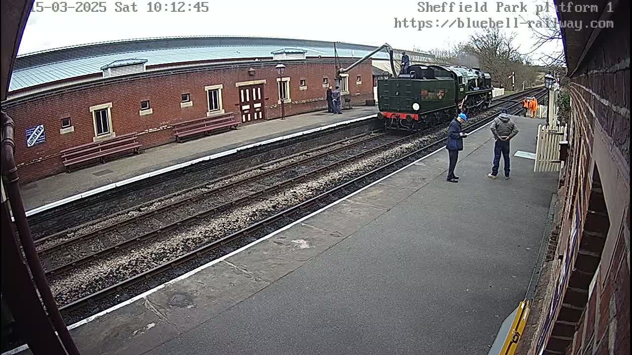 A dark green steam train is at a station platform on an overcast day, with a few people standing nearby.