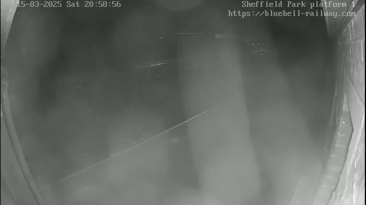 A nighttime, low-light security camera image shows a dimly lit, possibly enclosed, area with indistinct shapes and a faint wire or cable running diagonally across the frame.