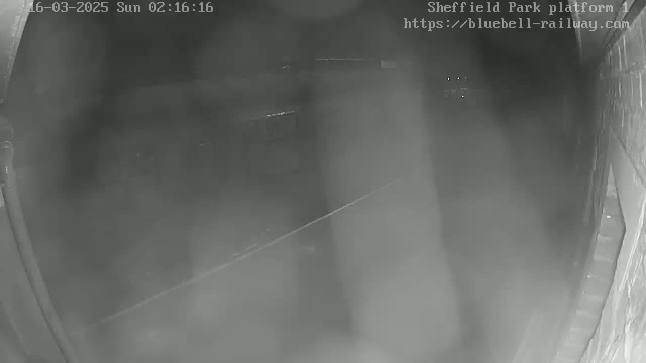 A nighttime, low-light image shows a mostly empty platform, possibly a train station, with some indistinct structures and a faint cable or wire running diagonally across the ground.