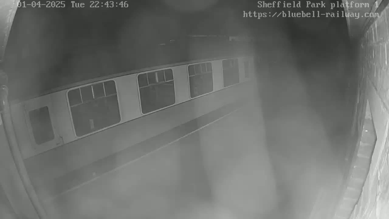 A train car is visible at night on a dimly lit platform, partially obscured by haze or fog.