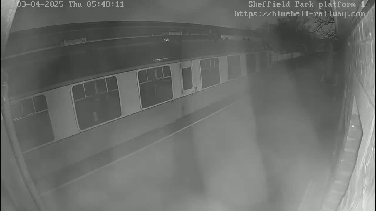 A train is parked at a dimly lit platform at night.