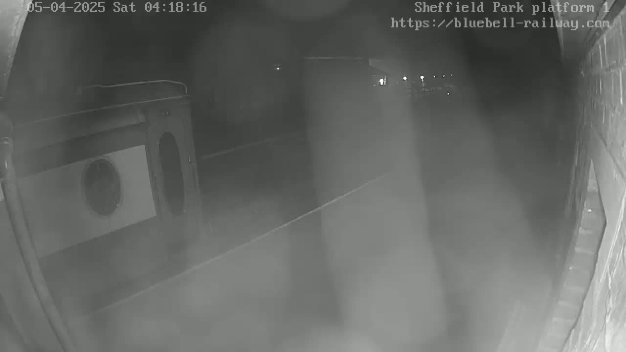 A nighttime, low-visibility view shows a portion of a train car at a dimly lit station platform.