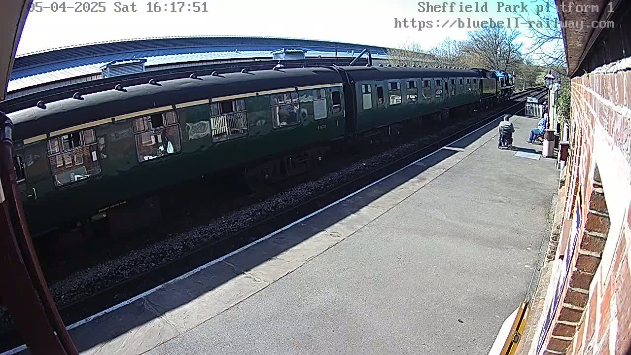 A long dark-green passenger train sits at a station platform on a sunny day.