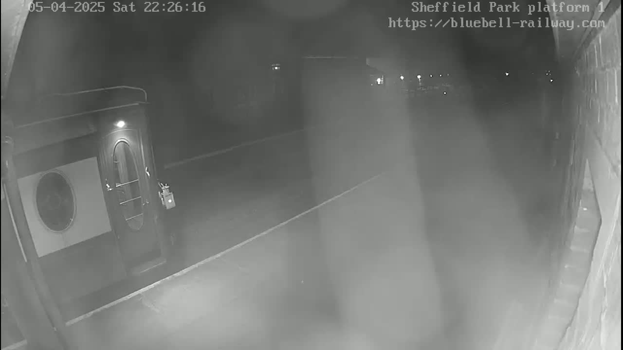 A nighttime, grainy, security camera view shows a dark building with a door and a paved area extending into a dimly lit, foggy space.