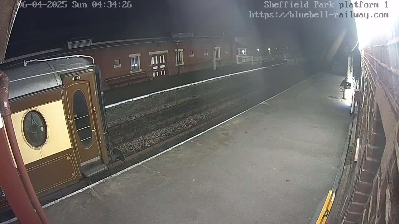 A brown and beige passenger railcar is parked at a nighttime train station platform next to a brick building.