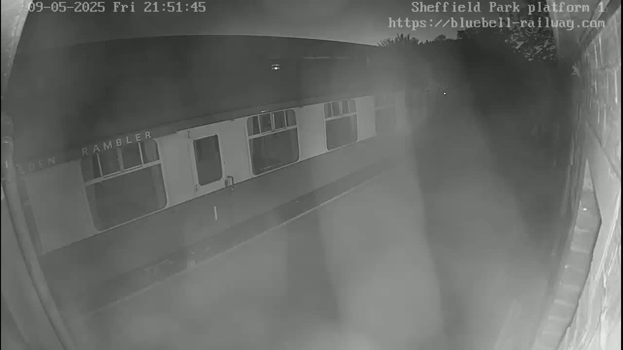 A nighttime, low-light view shows a train car labeled "Rambler" partially visible at a station platform.