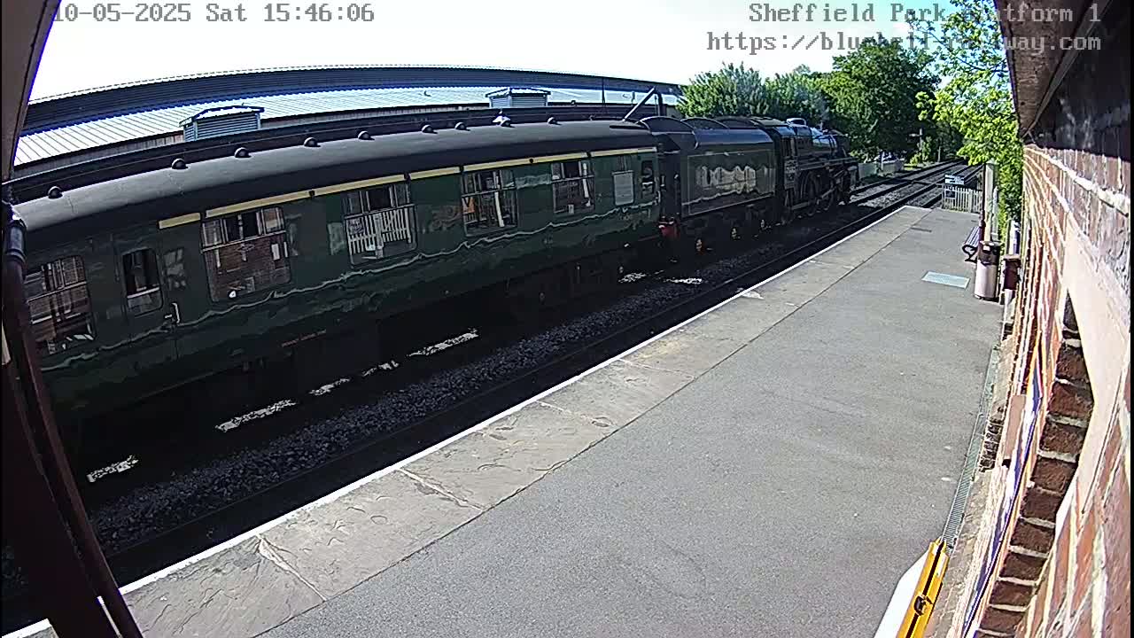 A dark-green passenger train, pulled by a steam locomotive, sits at a station platform on a sunny day.