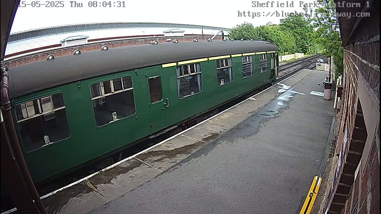 A dark green passenger train car sits on a wet train platform next to a brick building under an overcast sky.