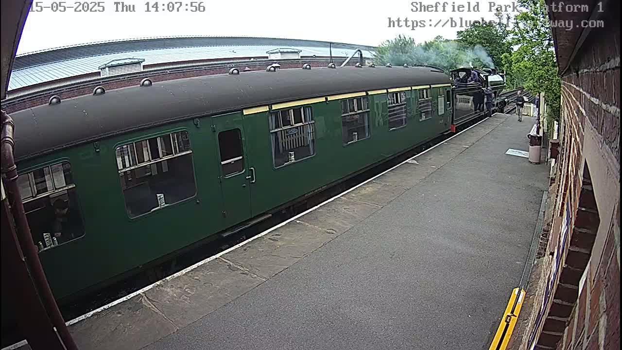 A dark-green passenger train car is at a station on an overcast day.