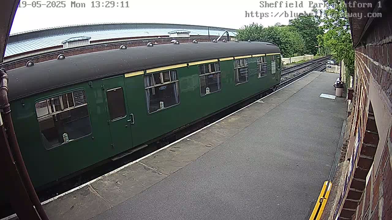 A dark-green passenger train car is at a station platform on an overcast day.