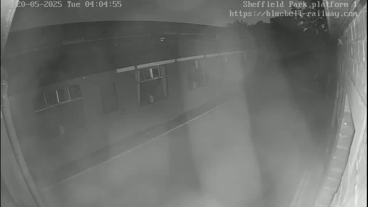 A nighttime, low-visibility view of a long, dark building with multiple windows, possibly a train platform, under a hazy sky.