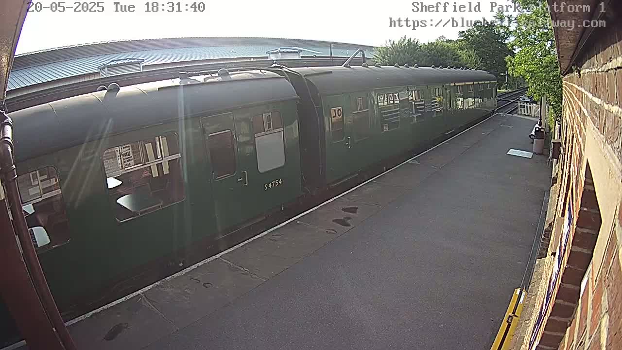A long, dark-green passenger train sits at a station on a sunny day.