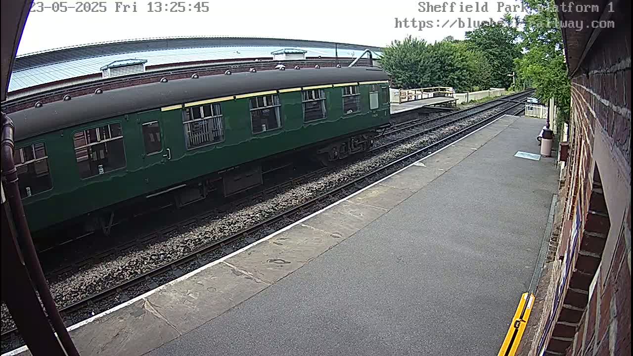A dark-green train car is partially visible at a train station on an overcast day.