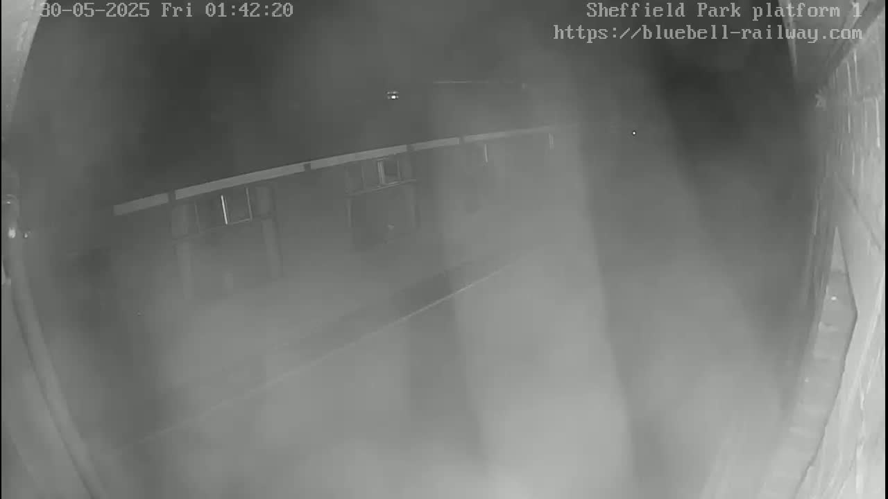 A nighttime, foggy view of a building exterior from a low angle.