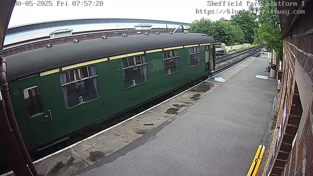 A dark green passenger train car sits on a wet train platform next to a brick building under an overcast sky.