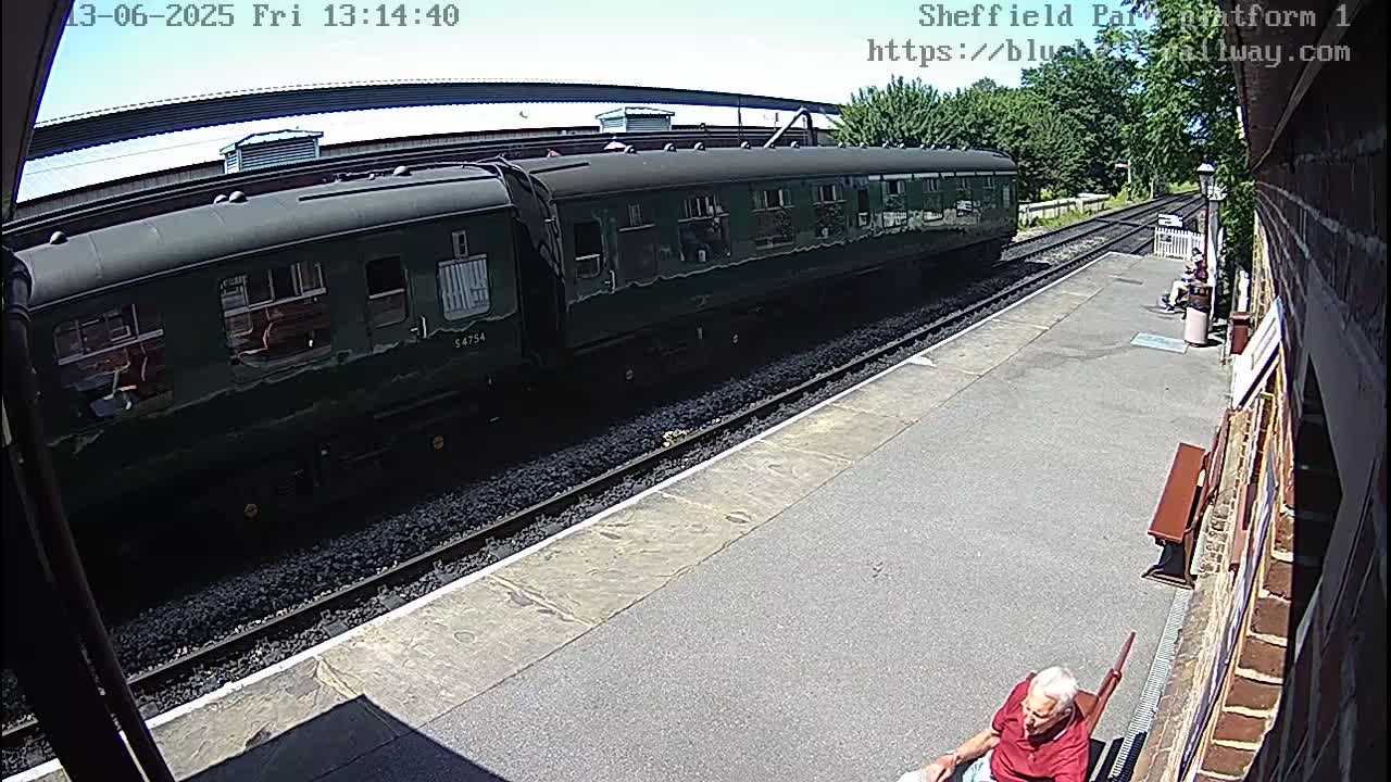 A long, dark-green passenger train sits at a station on a sunny day.