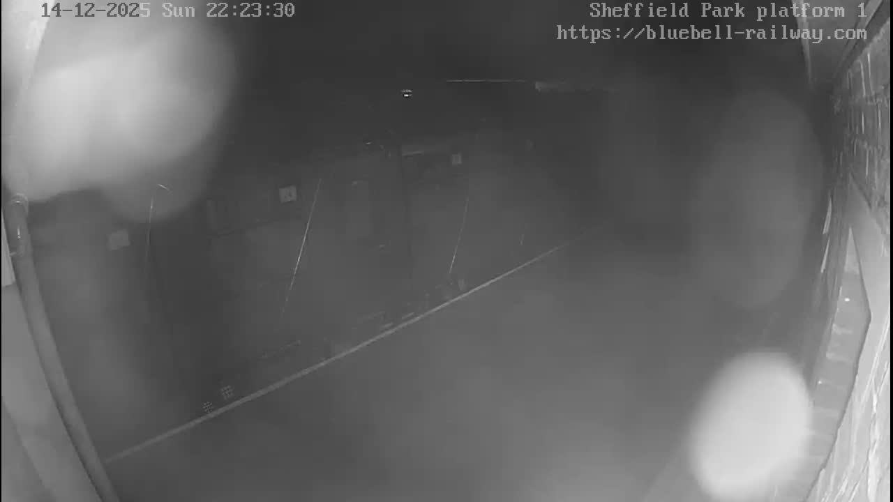 A dark green train, adorned with zig-zag green lights, sits at an outdoor station platform under bright sunny skies, with a brick building and a bench visible to the right.