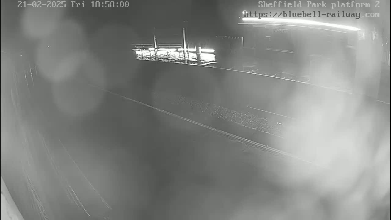 A nighttime, rain-slicked railway platform is visible, with a building and lights in the background.