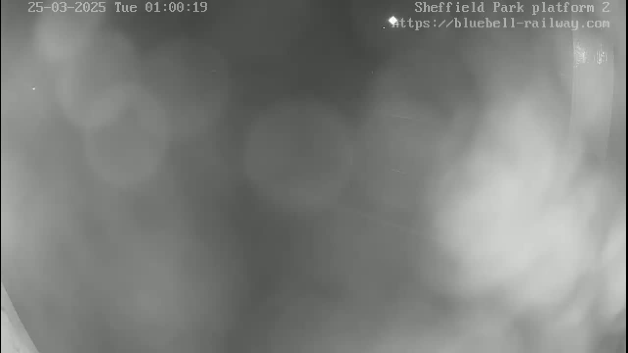 A nighttime, blurry, grayscale image shows a mostly empty train platform shrouded in fog or mist.