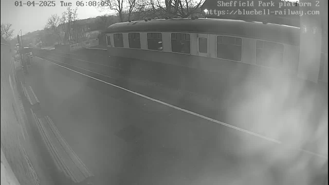 A train car sits at a station platform on an overcast day.