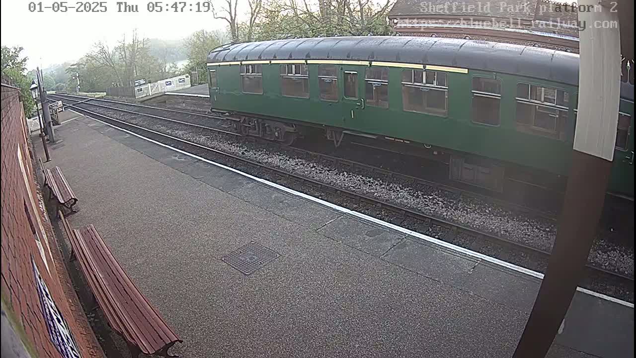 A dark green passenger train is at a station platform on an overcast day.