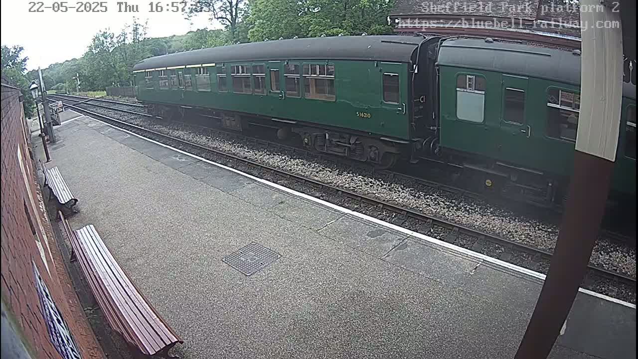 A dark-green passenger train is stopped at a station platform on an overcast day.