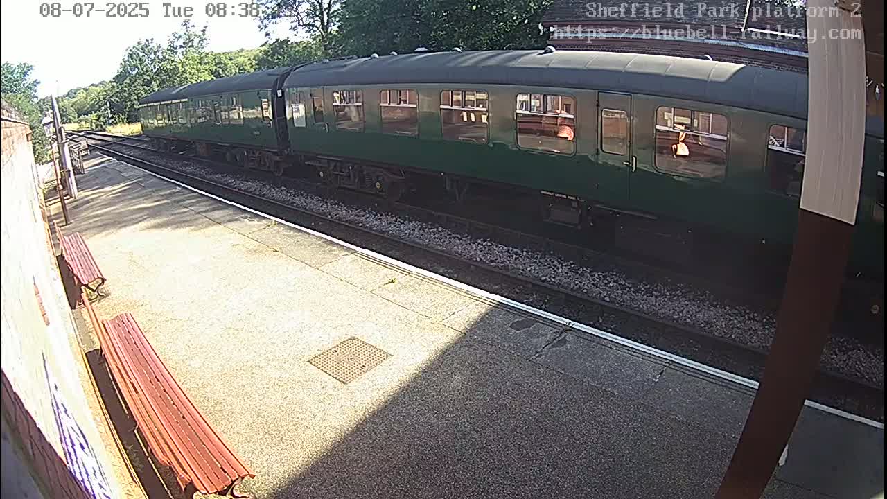 A long, dark-green passenger train sits at a sunny train station platform.