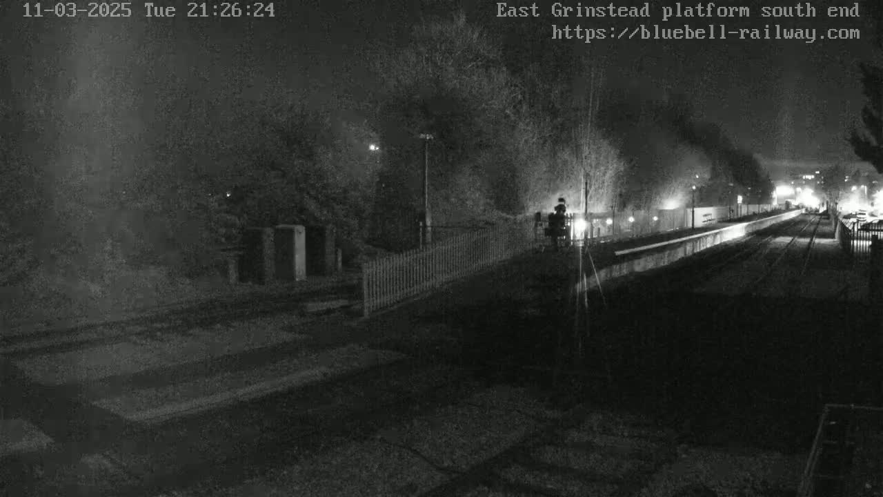 A nighttime, low-light view of a train platform with a train visible in the distance, surrounded by trees and fencing.