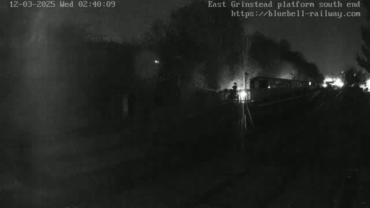 A dimly lit train, emitting smoke, sits at a nighttime train platform.