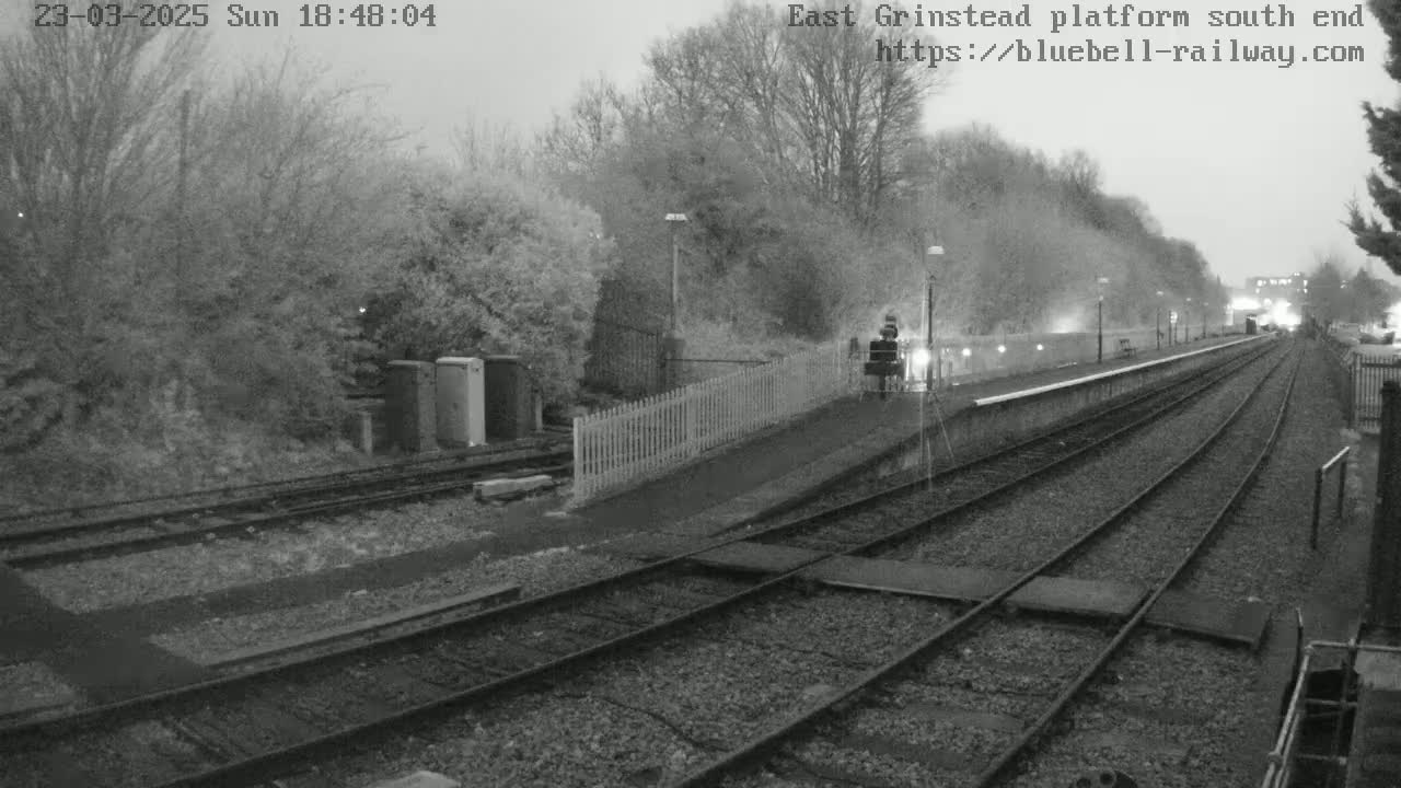 A train platform at dusk or dawn, with multiple train tracks extending into the distance, bordered by trees and a short fence.