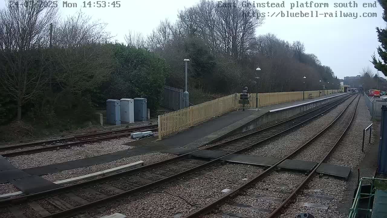 A view down a train track at a mostly empty train station on an overcast day, with a wooden fence separating the platform from the surrounding trees.