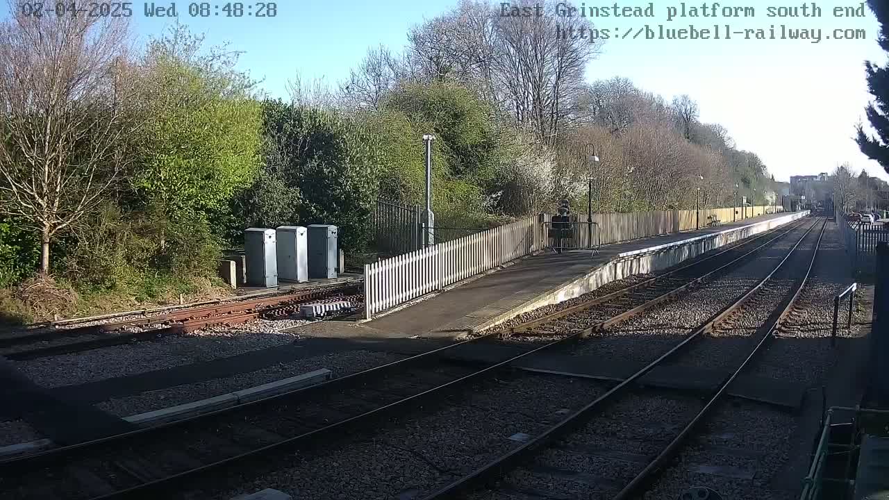 A sunny view of a train platform with a wooden fence, several sets of train tracks, and shrubbery.