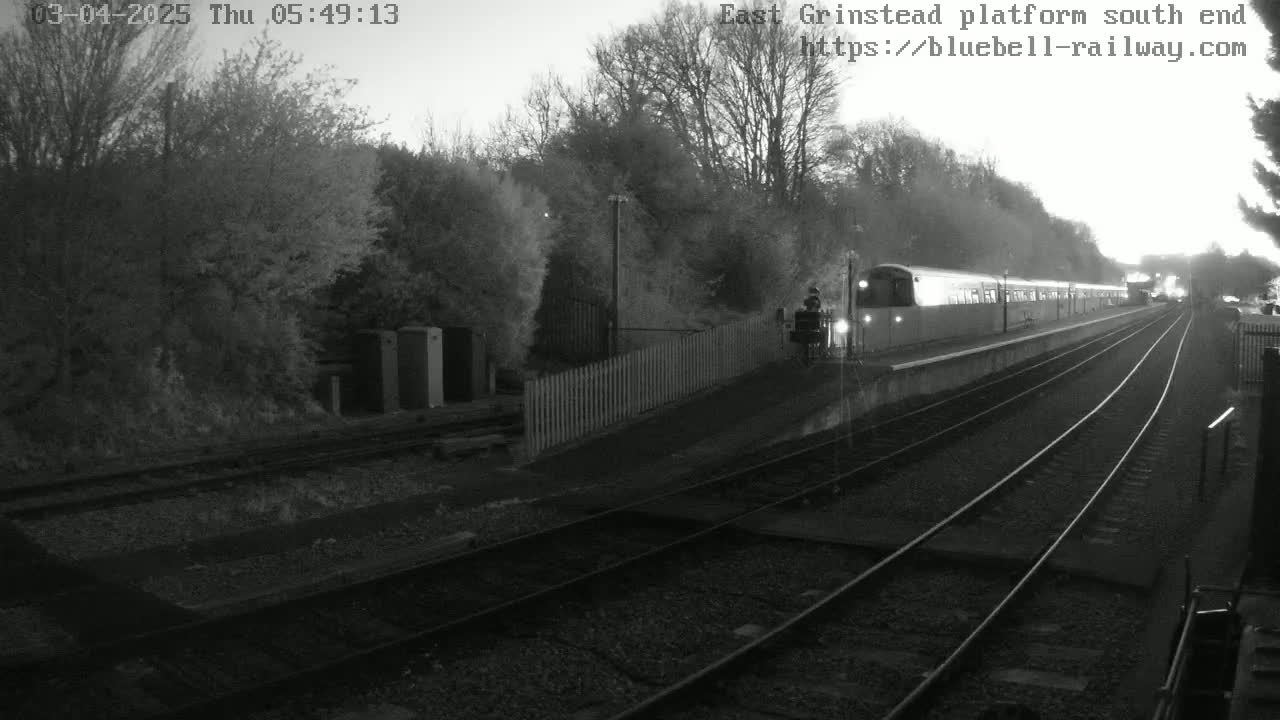 A train is at a station platform in the early morning, under a dusky sky.