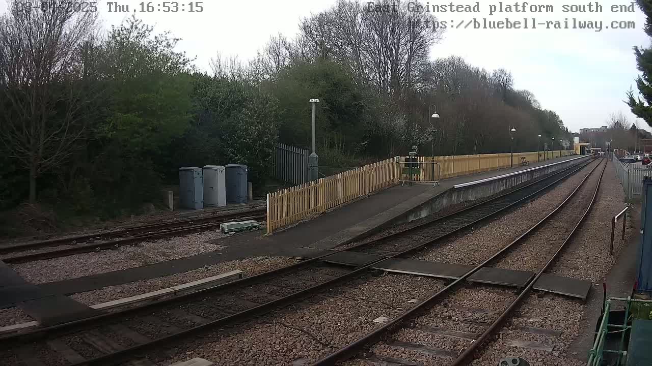 A train platform with two sets of tracks extends into the distance under an overcast sky, surrounded by trees and shrubs.
