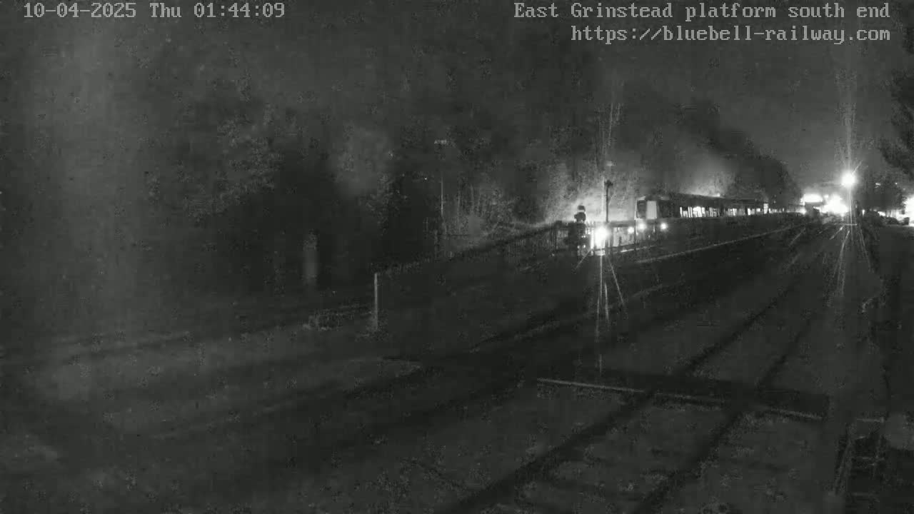 A train departs from a nighttime station platform, smoke trailing behind it.