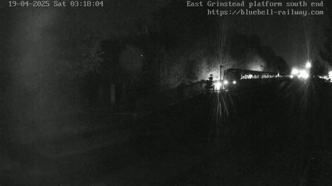 A dimly lit nighttime scene shows a train arriving at a platform.